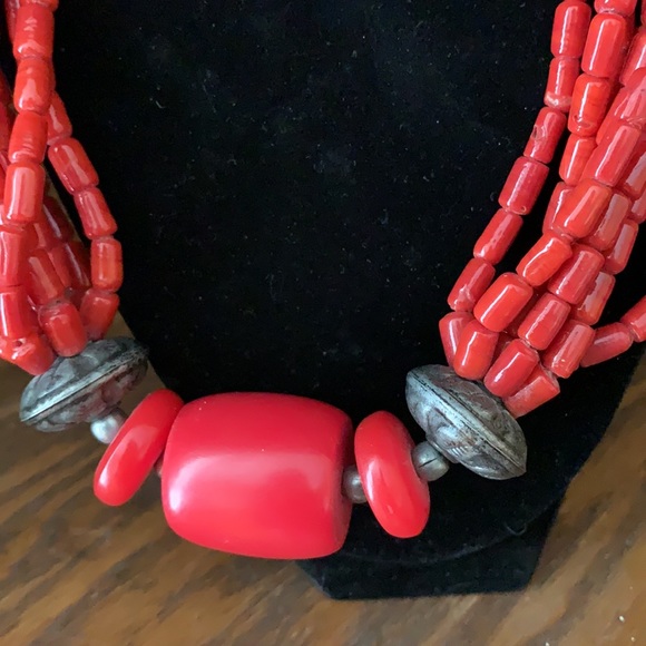 Vtg Red Stone and Silver Accents 8-Strand Necklace - Picture 2 of 3